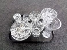 A tray containing assorted glassware to include lead crystal and cut glass vases, preserve pot,