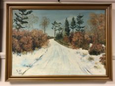 Continental school : A snowy lane, oil on canvas, 63 x 44 cm,