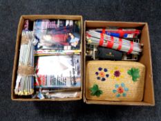 Two boxes of knitting accessories and books