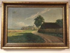 W Jensen : A thatched cottage by farmland, oil on canvas,