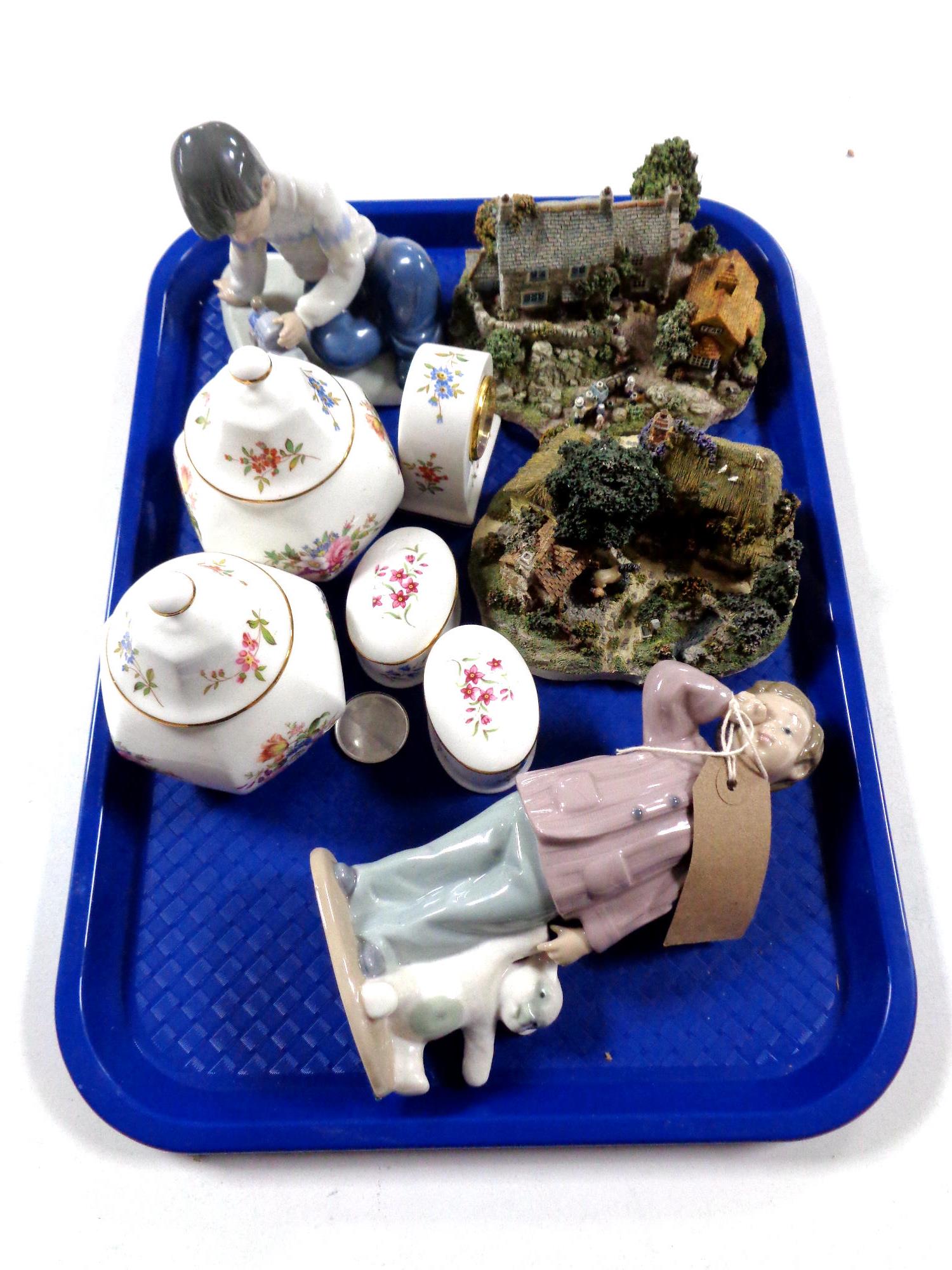 A tray of two Nao figures, cottage ornaments,
