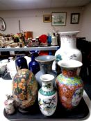 A tray of of assorted oriental style vases and decorative egg on stand