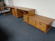 A pine twin pedestal computer desk fitted cupboard and drawer,
