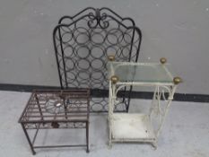 A 19th century painted metal stick stand together with a metal wine rack and stool