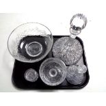 A tray containing glassware to include lead crystal cut glass ship's decanters, bowl,