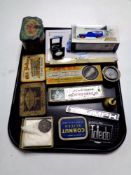 A tray of collectables - boxed die cast vehicles, car badges, vintage tobacco tins,