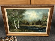Jean Medina, river scene with birch trees, oil on canvas,