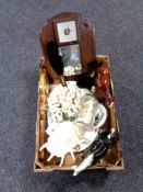 A box of coral and shell ornaments, barometer,