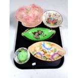 A tray containing four assorted Maling dishes together with a Crown Devon salad bowl