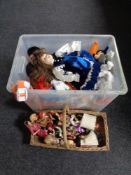A plastic crate and a box containing dolls of the world, porcelain headed dolls,