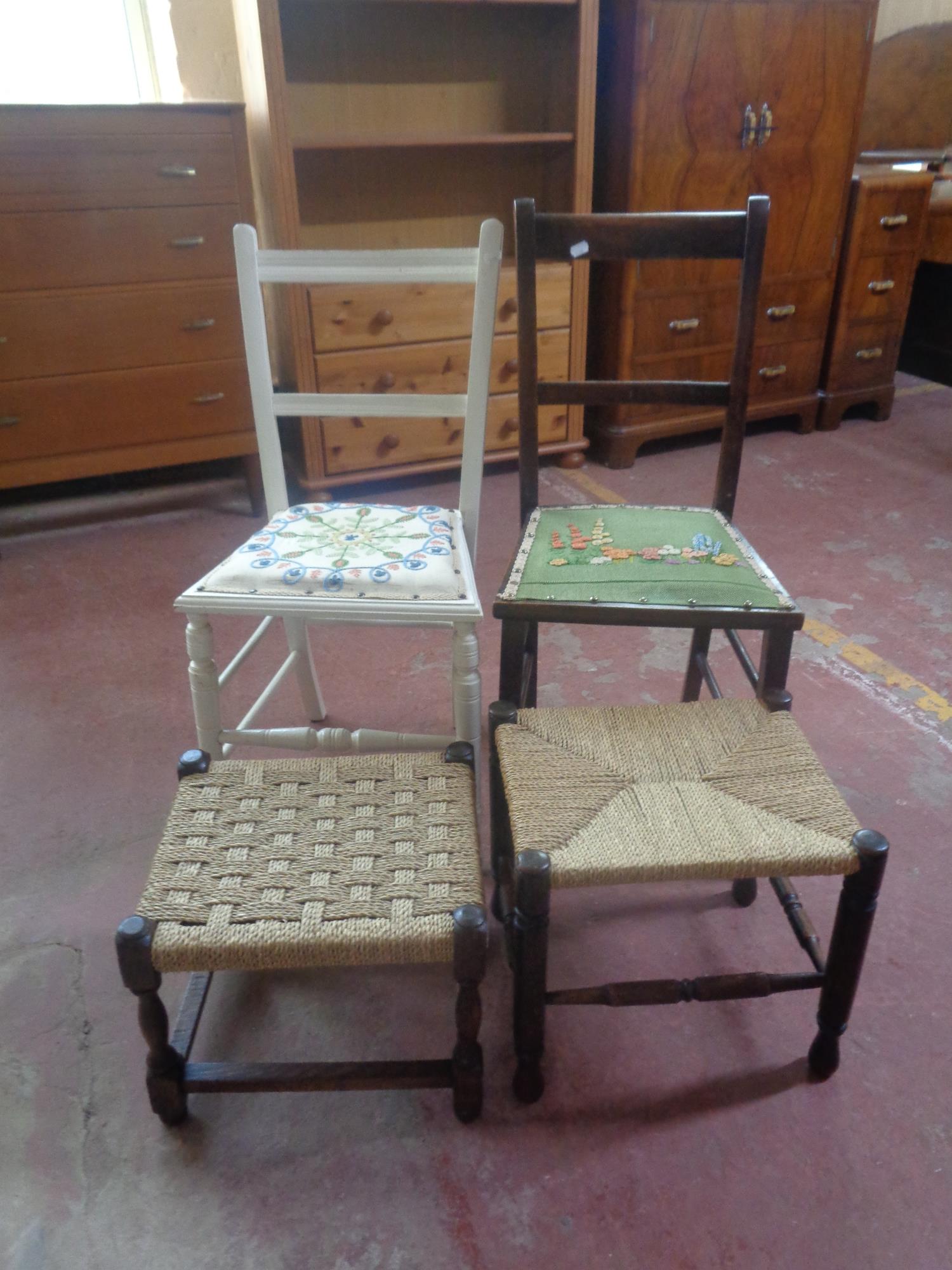 Two tapestry seated bedroom chairs together with two further rush seated stools