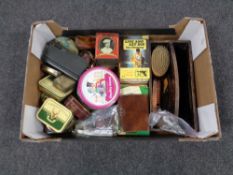 A box containing vintage tins, eight Pan paperback James Bond novels, coinage, clothes brushes,