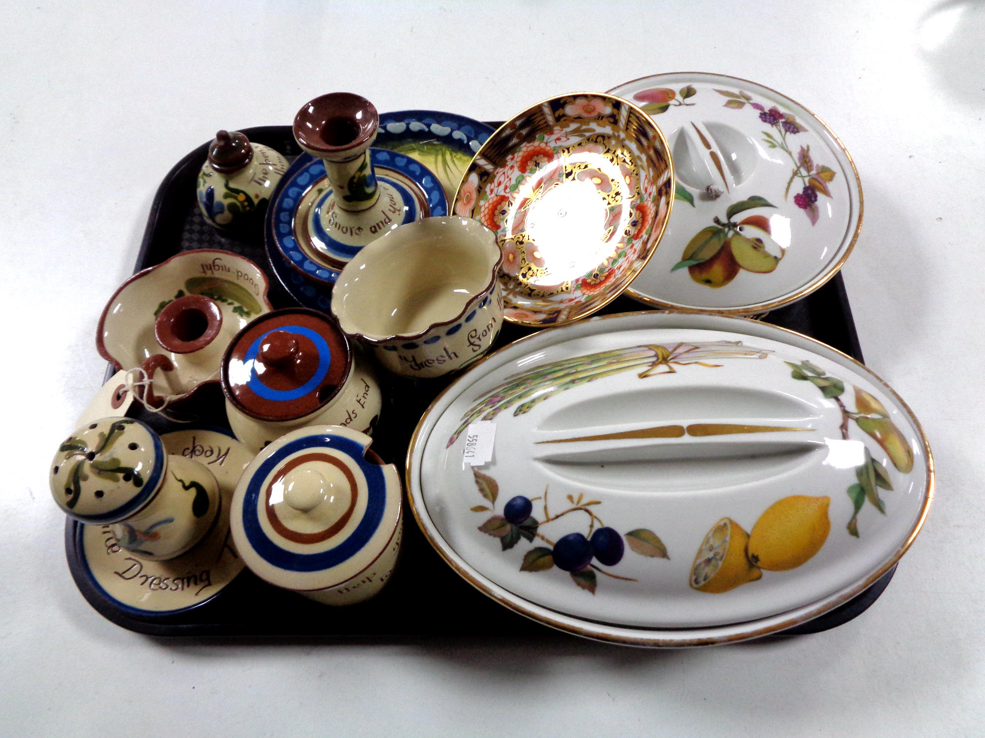 A tray of assorted china to include Imari dish, Royal Worcester Evesham lidded oven dishes,