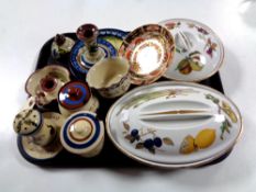 A tray of assorted china to include Imari dish, Royal Worcester Evesham lidded oven dishes,