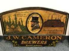 A vintage hand painted advertising board "J.W. Cameron Brewers, Hartlepool", 91.