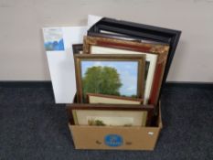 A box of assorted framed pictures and prints, mirror, oil on canvas of figures fishing by a river,