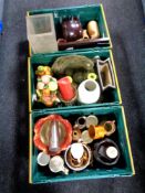 Three plastic crates of vases, West German vase, beer steins,