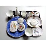 A tray of cabinet china - Spode dish and basket, lidded trinket boxes, Coalport vases,