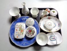 A tray of cabinet china - Spode dish and basket, lidded trinket boxes, Coalport vases,