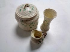 Three pieces of Belleek cloverleaf patterned china to include lidded biscuit barrel,
