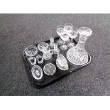 A tray containing assorted glassware to include lead crystal cut glass decanter, wine glasses,