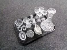 A tray containing assorted glassware to include lead crystal cut glass decanter, wine glasses,