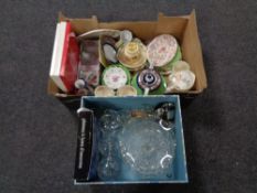 Two boxes of assorted ceramics and glass ware, Cath Kidston mug set,