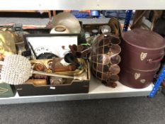 A box of cased desert spoons, battery clock by Comitti, etc,