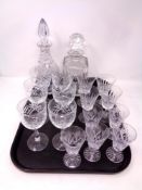 A tray containing assorted drinking glasses to include Webb crystal liqueur glasses,