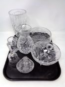 A tray containing assorted glassware to include lead crystal vases, bowls,