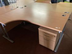 A beech effect desk, width 180 cm, together with three drawer chest.