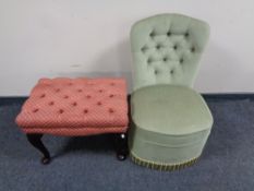 A green dralon buttoned back bedroom chair together with a footstool