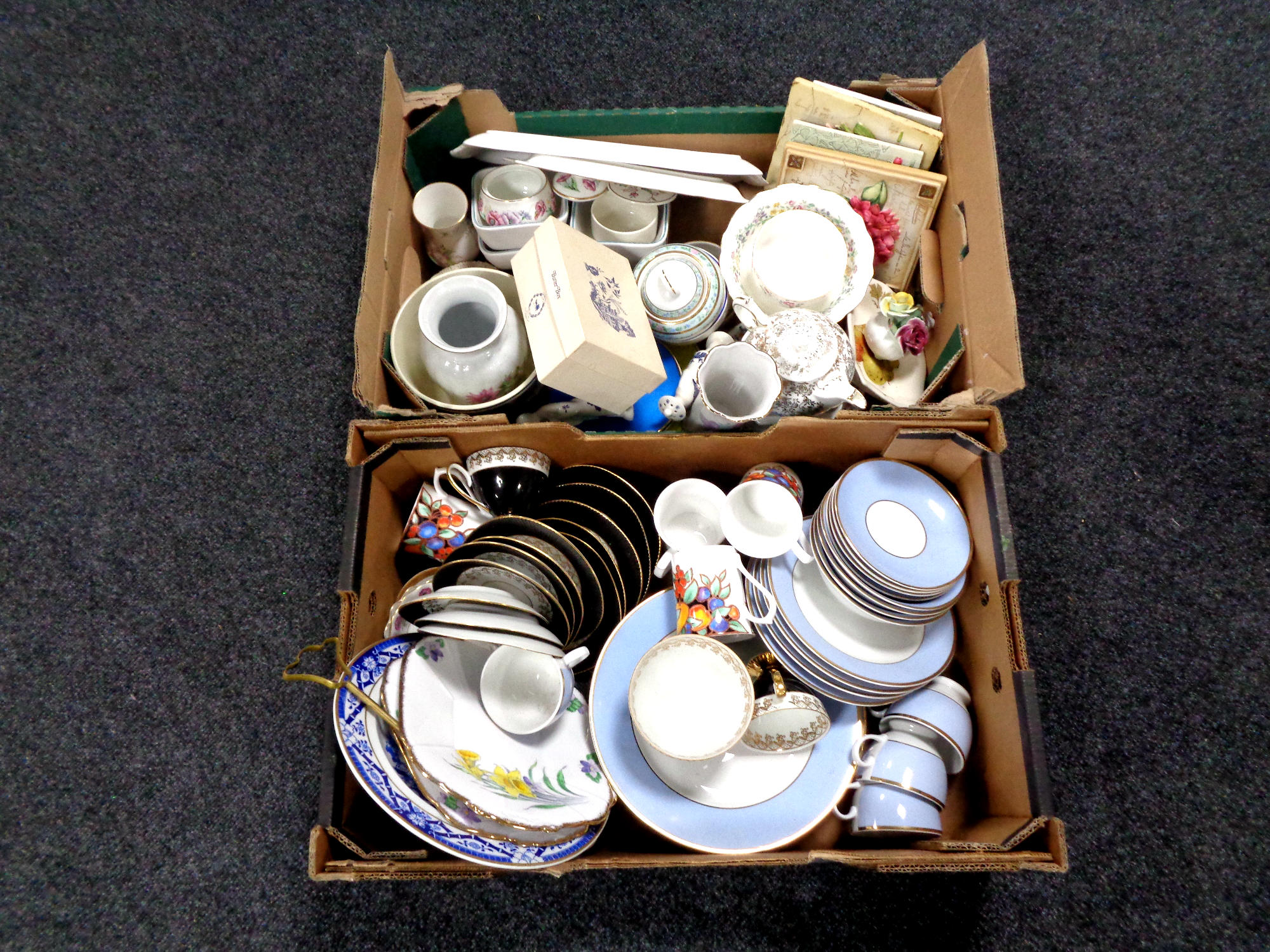 Two boxes of miscellaneous tea china and dinner ware, teapots, vases,