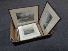 A box containing six colour engravings depicting scenes of Newcastle and Northumberland coastline,