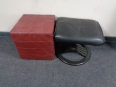 A brown leather footstool on pedestal base together with a further leather foot cube