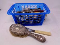 A box containing plated cutlery and servers together with a plated backed hair brush