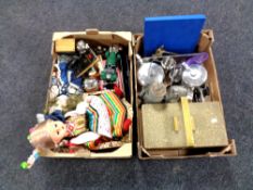 Two boxes containing miscellaneous to include oil lamp, dolls,