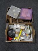 Two boxes containing hardware, vintage door furniture, hinges, extensions reel,