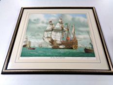 A signed colour lithographic print, The Mary Rose off The South Sea Castle,