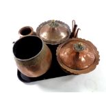 A tray of antique copper wares - pair of lidded pots with brass finials, Eastern teapot,