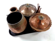 A tray of antique copper wares - pair of lidded pots with brass finials, Eastern teapot,