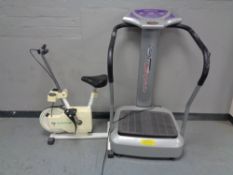 A Crazy Fit vibrating massage plate together with a Tunturi exercise bike