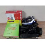 A box of assorted electricals : LG DVD player, Sony video camera,
