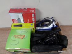 A box of assorted electricals : LG DVD player, Sony video camera,