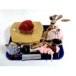 A tray containing cased manicure set, hand fans, plated shoe pin cushion,