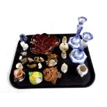 A tray containing assorted china to include Copeland, Spode Italian candlesticks,