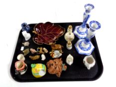 A tray containing assorted china to include Copeland, Spode Italian candlesticks,