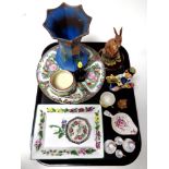 A tray containing antique and later china to include Chinese famille rose plate,