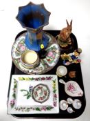 A tray containing antique and later china to include Chinese famille rose plate,