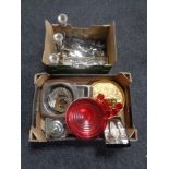 Two boxes of assorted metal ware, cutlery,